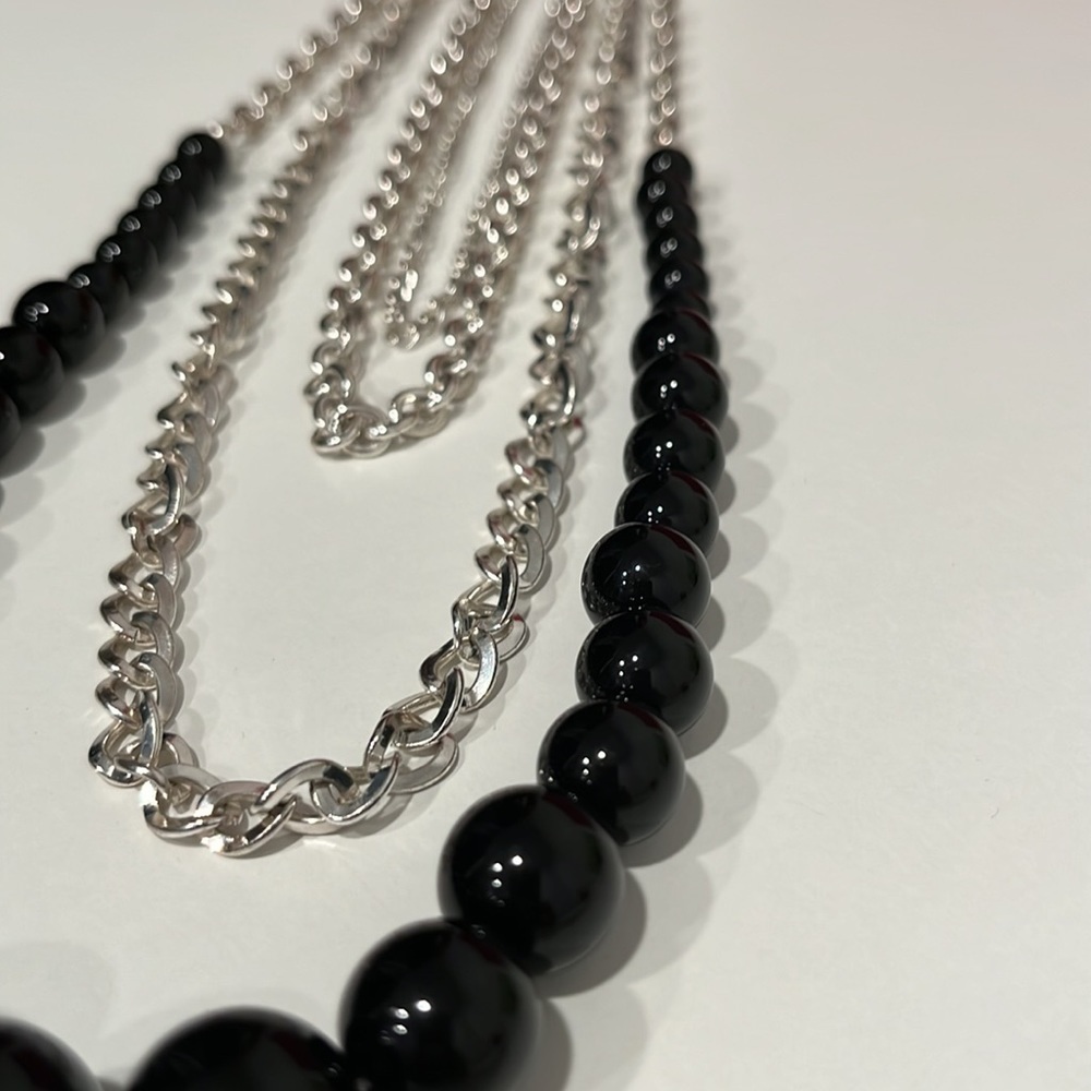 Layered Strand Necklace Silver Chain and Black Beads - Picture 3 of 5